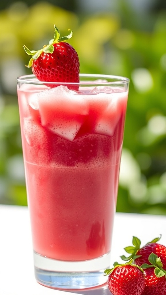 A glass of Strawberry Chia Seed Boost with chia seeds and fresh strawberries, garnished with a strawberry.
